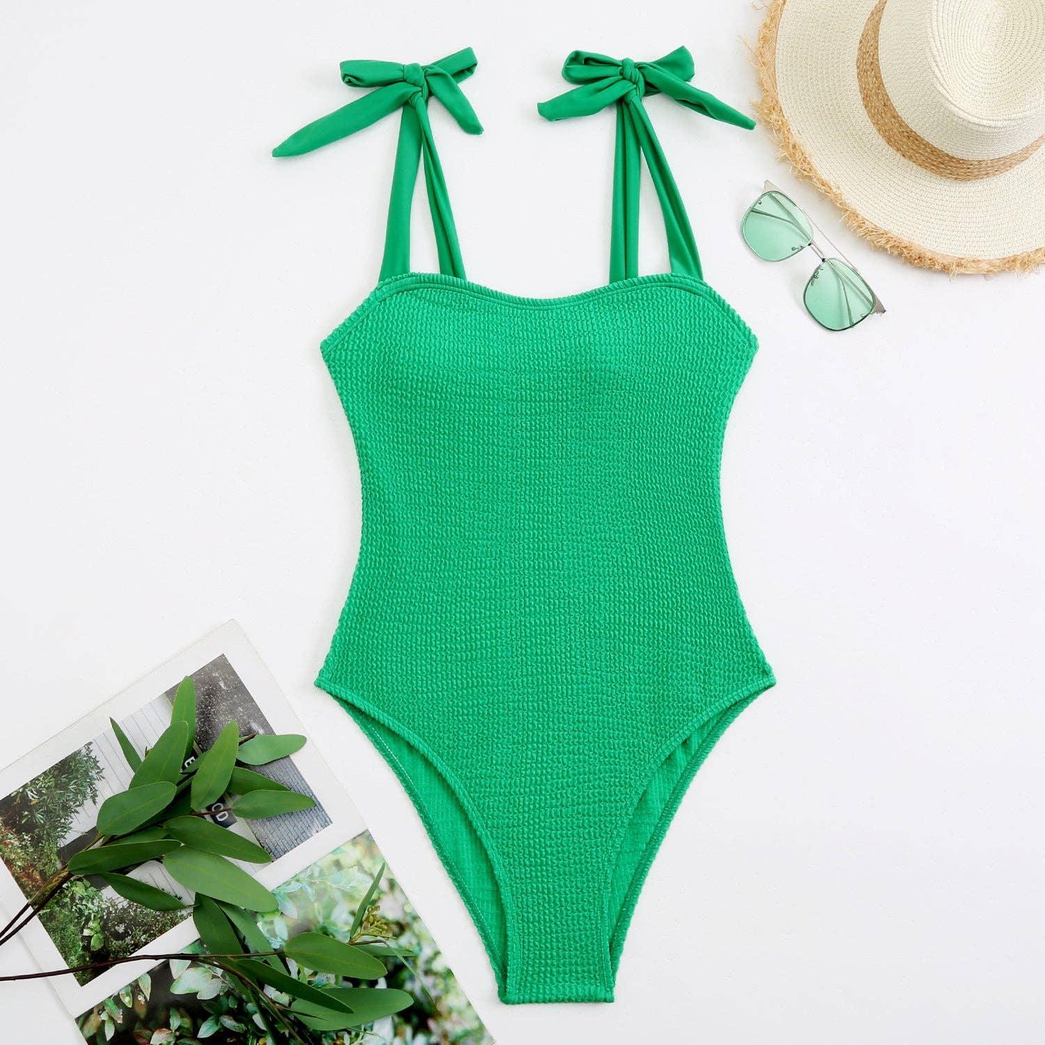 Bowtie Shoulder Solid Color One Piece Swimwear Y06 - SWEETKAMA