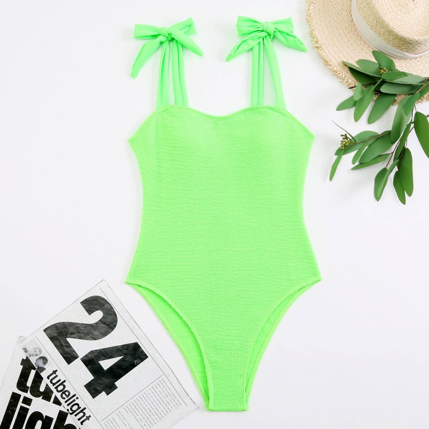Bowtie Shoulder Solid Color One Piece Swimwear Y06 - SWEETKAMA
