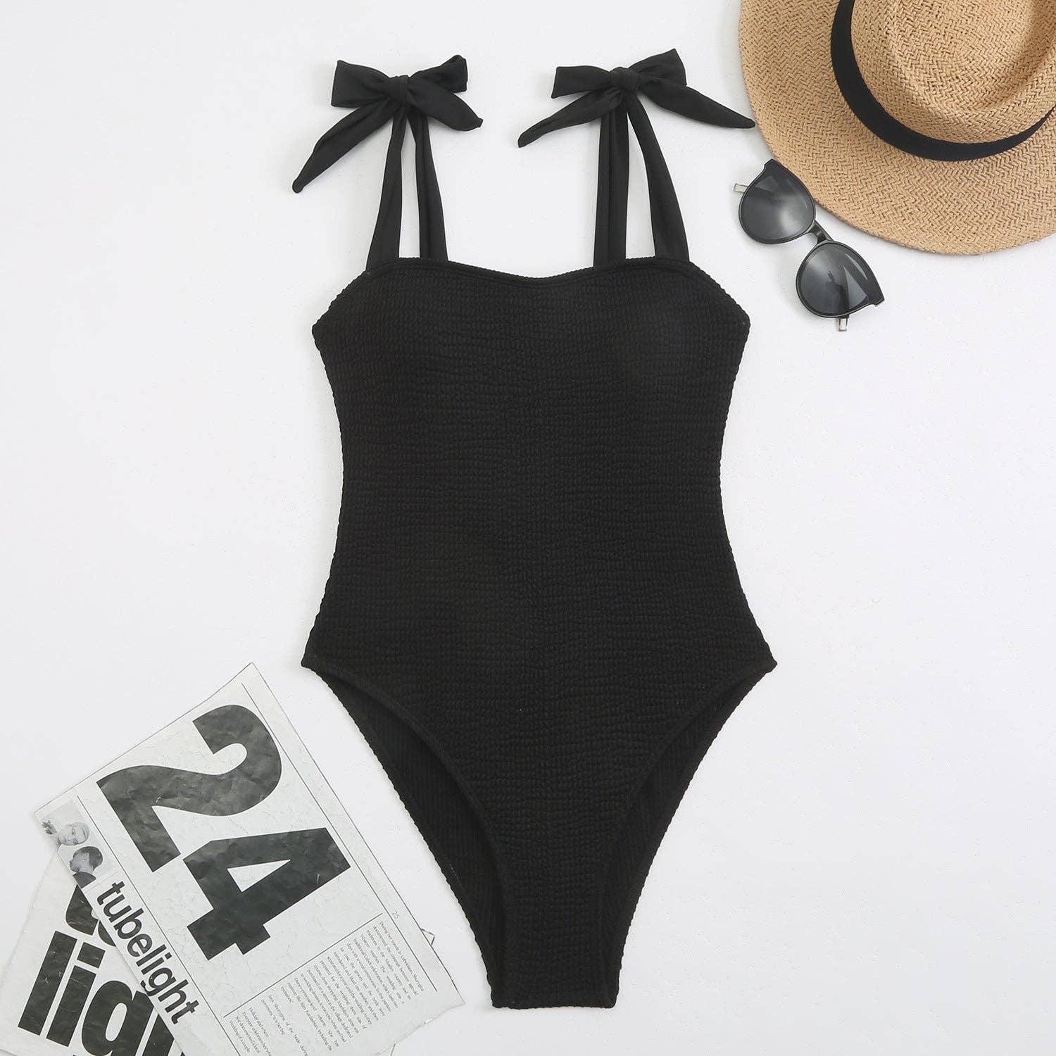 Bowtie Shoulder Solid Color One Piece Swimwear Y06 - SWEETKAMA