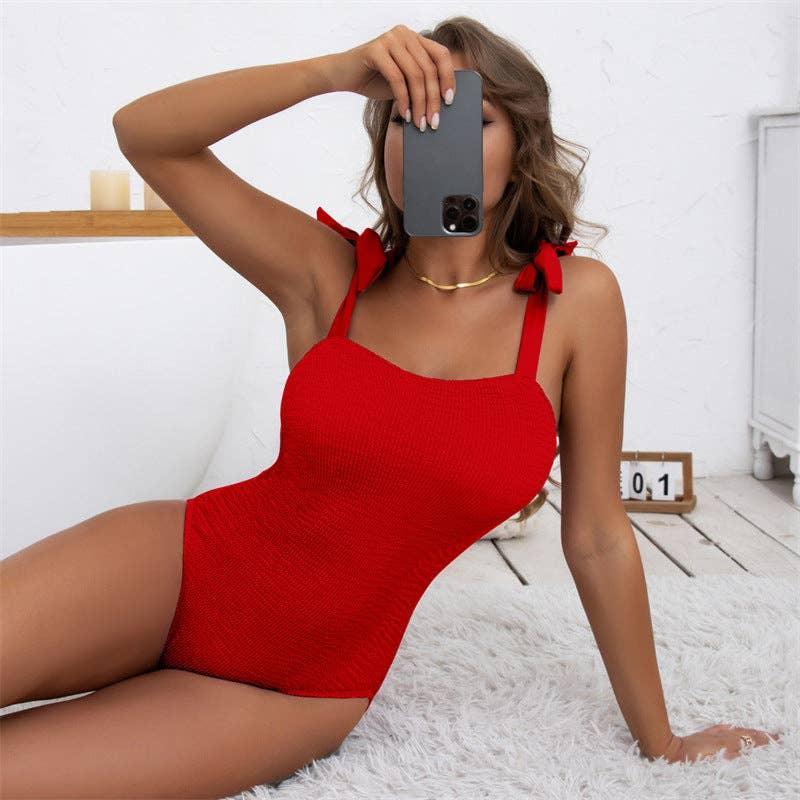 Bowtie Shoulder Solid Color One Piece Swimwear Y06 - SWEETKAMA