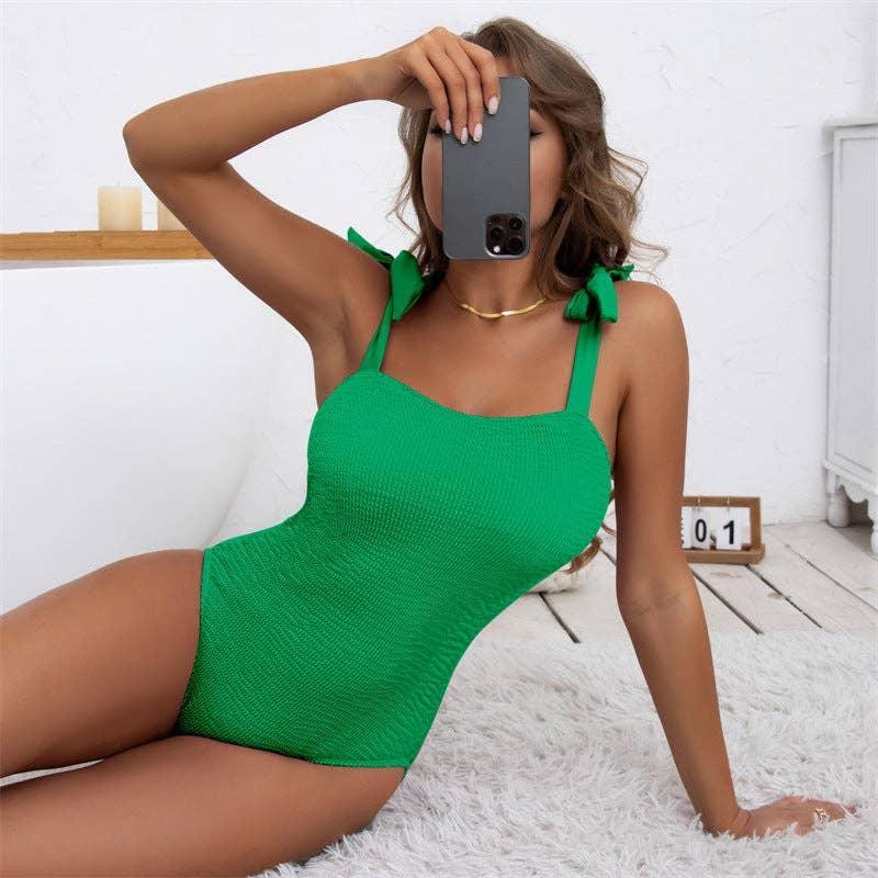 Bowtie Shoulder Solid Color One Piece Swimwear Y06 - SWEETKAMA