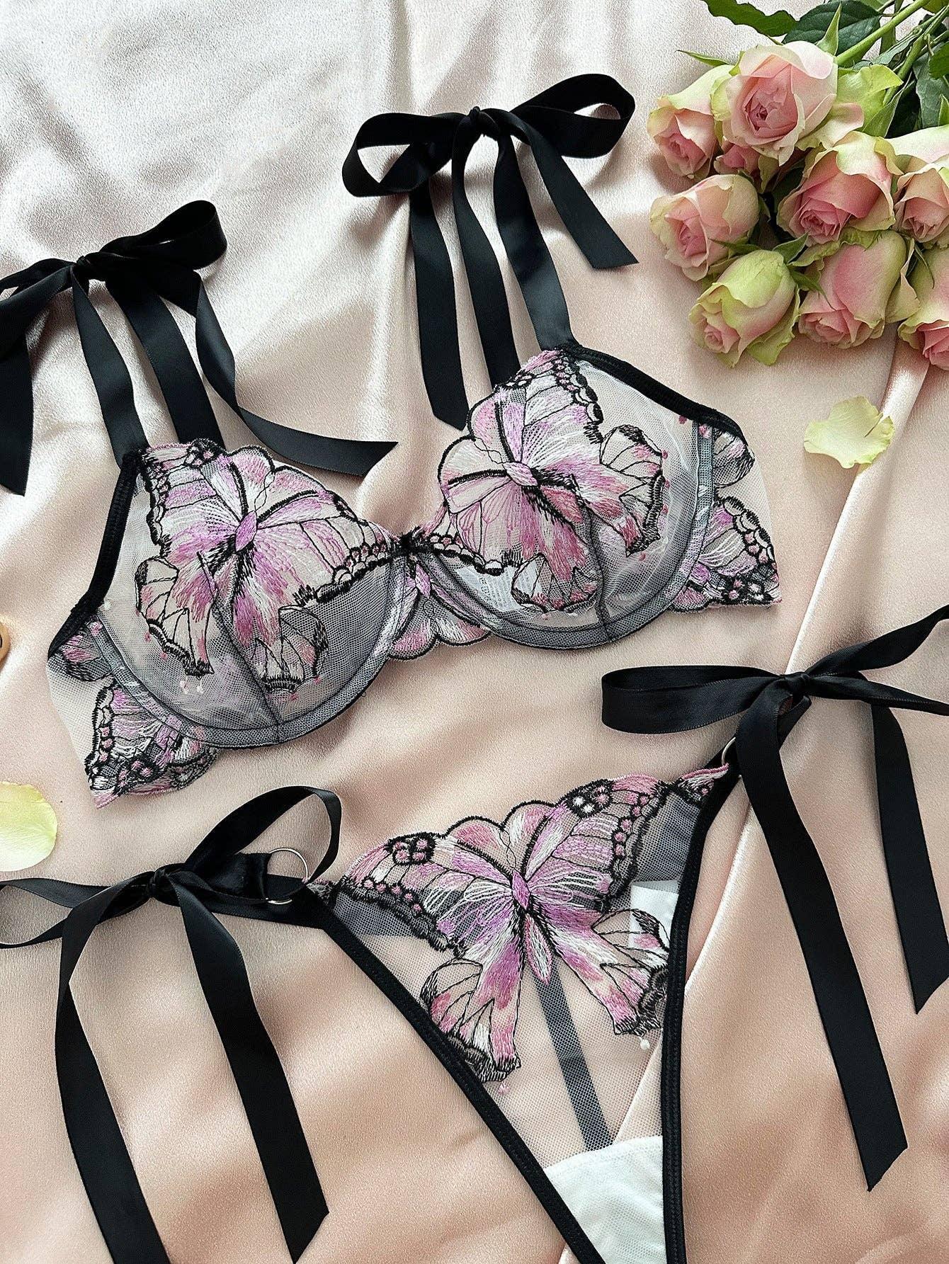 Butterfly Embroidery 2PCS Lingerie Sets HF-4100 - SWEETKAMA