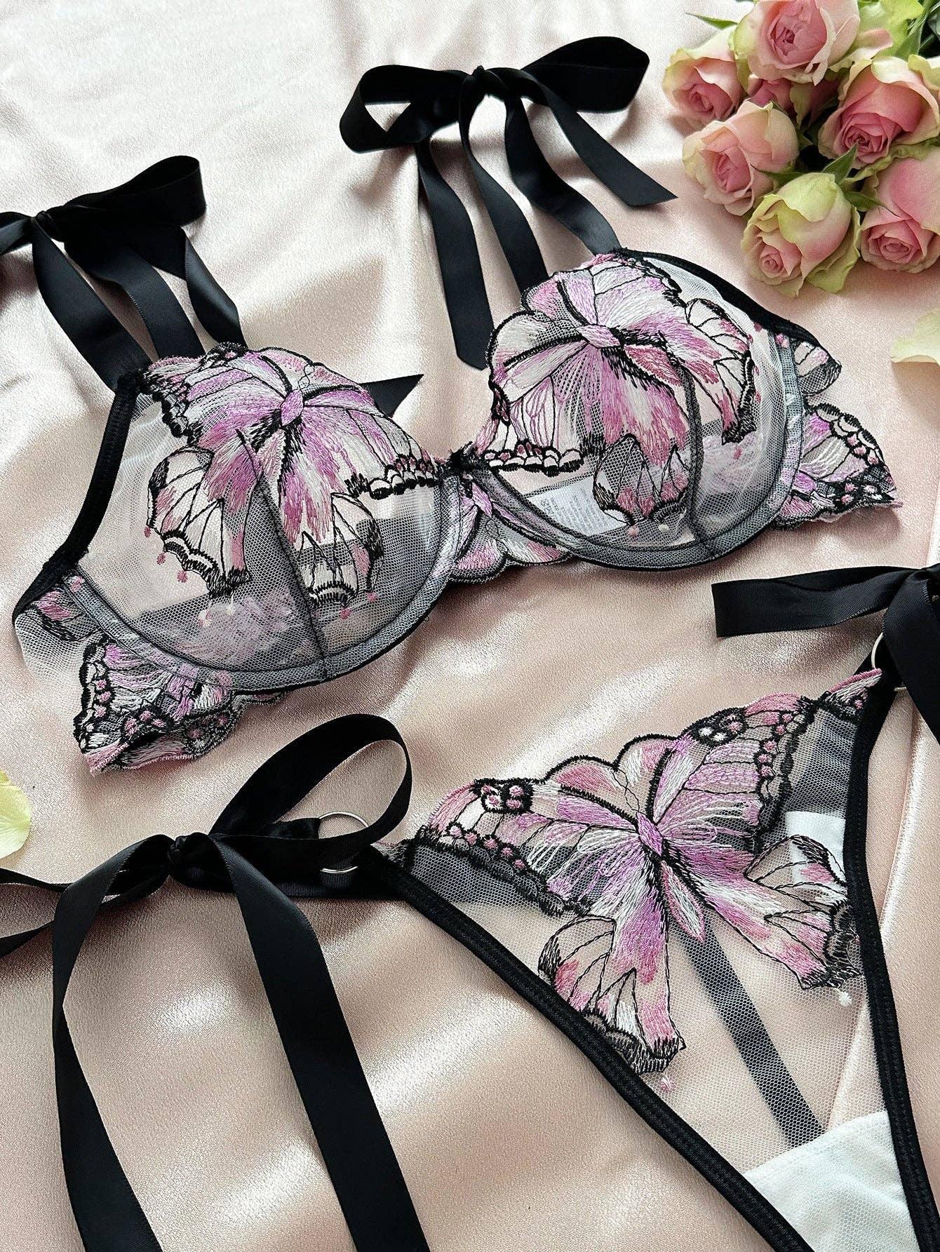 Butterfly Embroidery 2PCS Lingerie Sets HF-4100 - SWEETKAMA