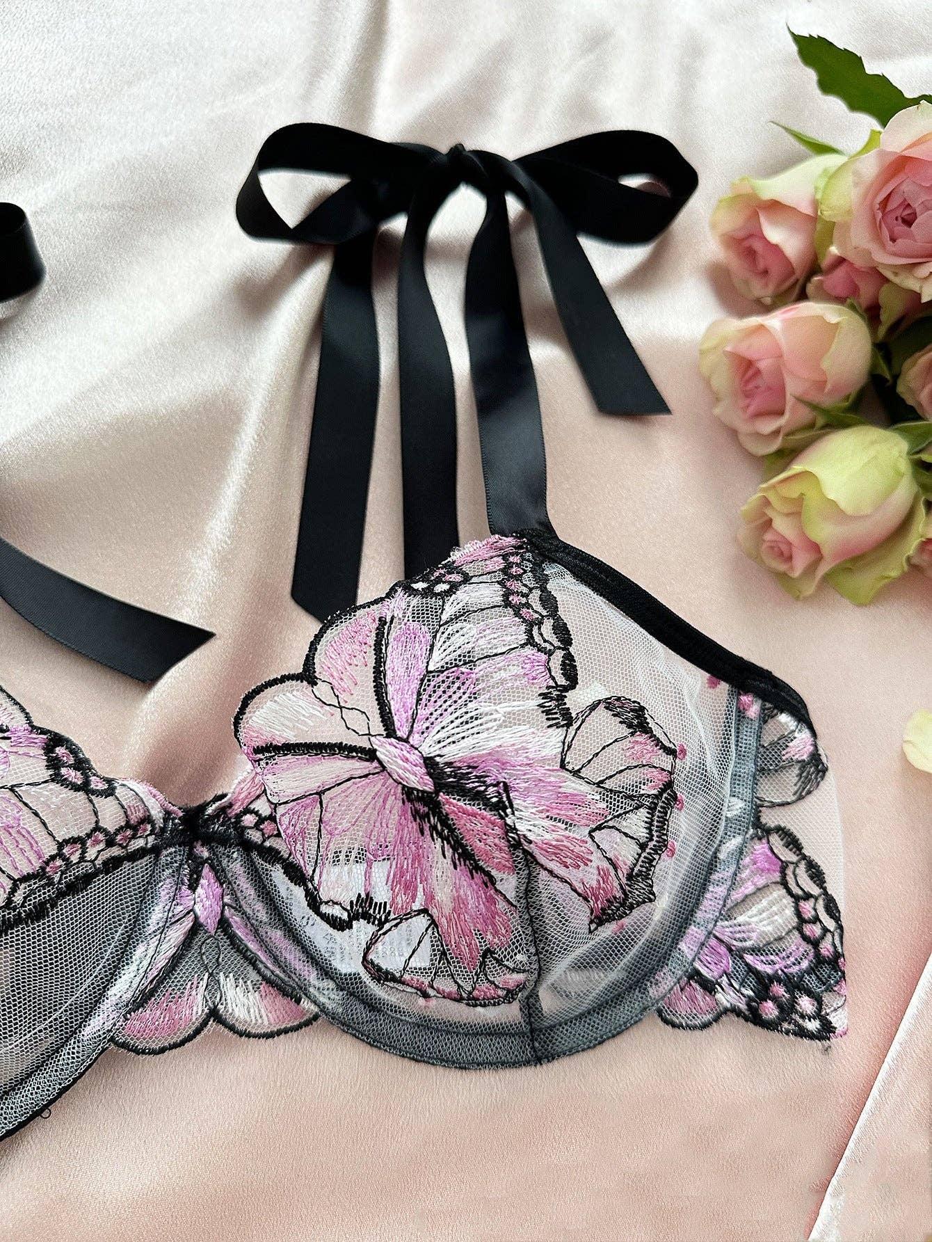 Butterfly Embroidery 2PCS Lingerie Sets HF-4100 - SWEETKAMA