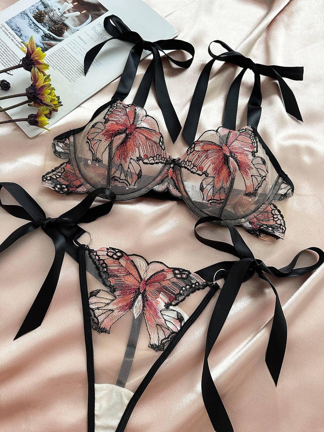 Butterfly Embroidery 2PCS Lingerie Sets HF-4100 - SWEETKAMA