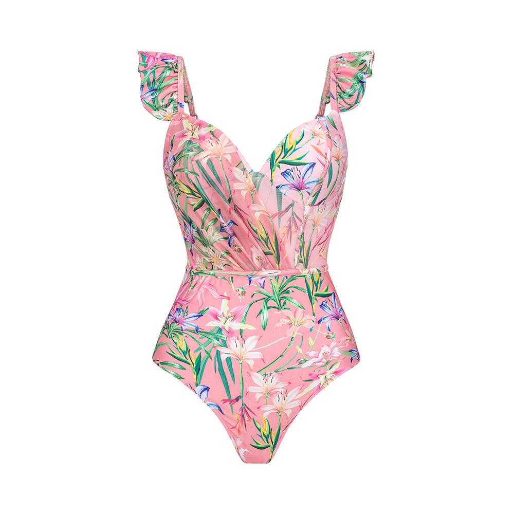 2 Shoulder Flower Print One Piece Bikini Swimsuit 2560