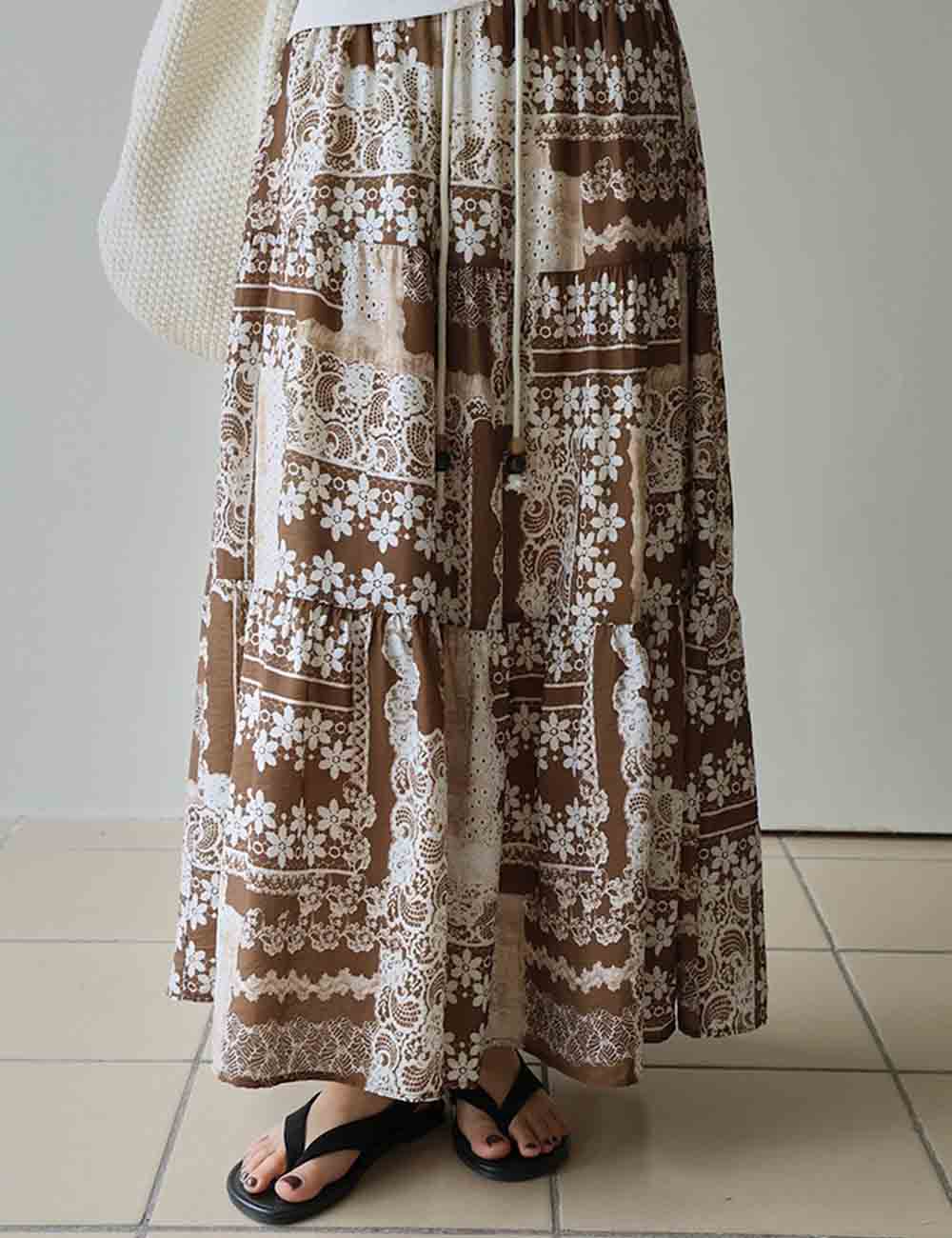 Ladies Boho Abstract Print String Tie Tiered Midi Skirt