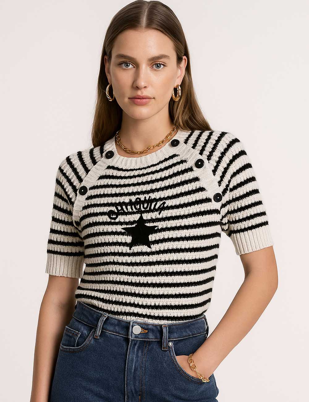 Ladies Round Neck Striped Knit Star Short Sleeveless Top