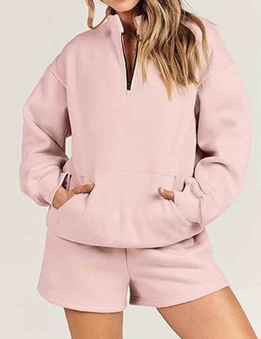 Ladies Solid Color Zipper Long Sleeves Sweatshirt & Shorts Set