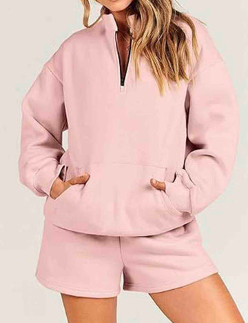 Ladies Solid Color Zipper Long Sleeves Sweatshirt & Shorts Set