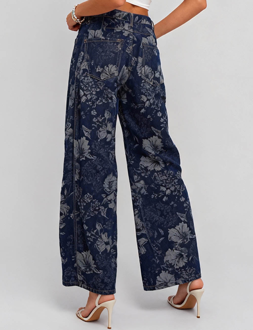 Ladies Vintage Denim Pants Floral Print Barrel Pants