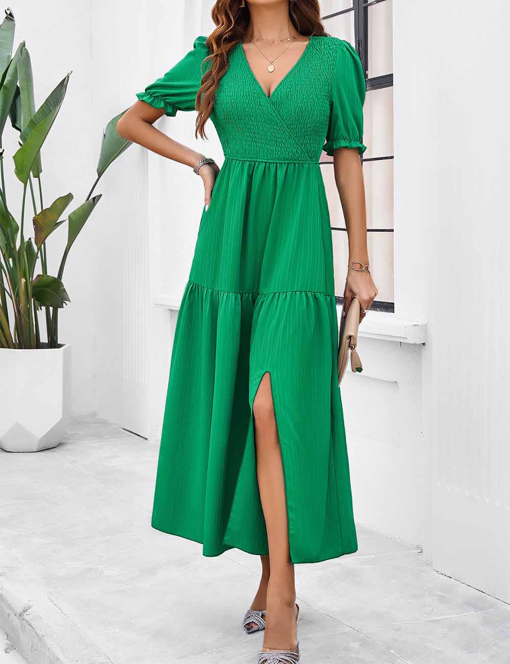 Ladies Solid Color V-Neck Smocking Short Sleeves Maxi Dress
