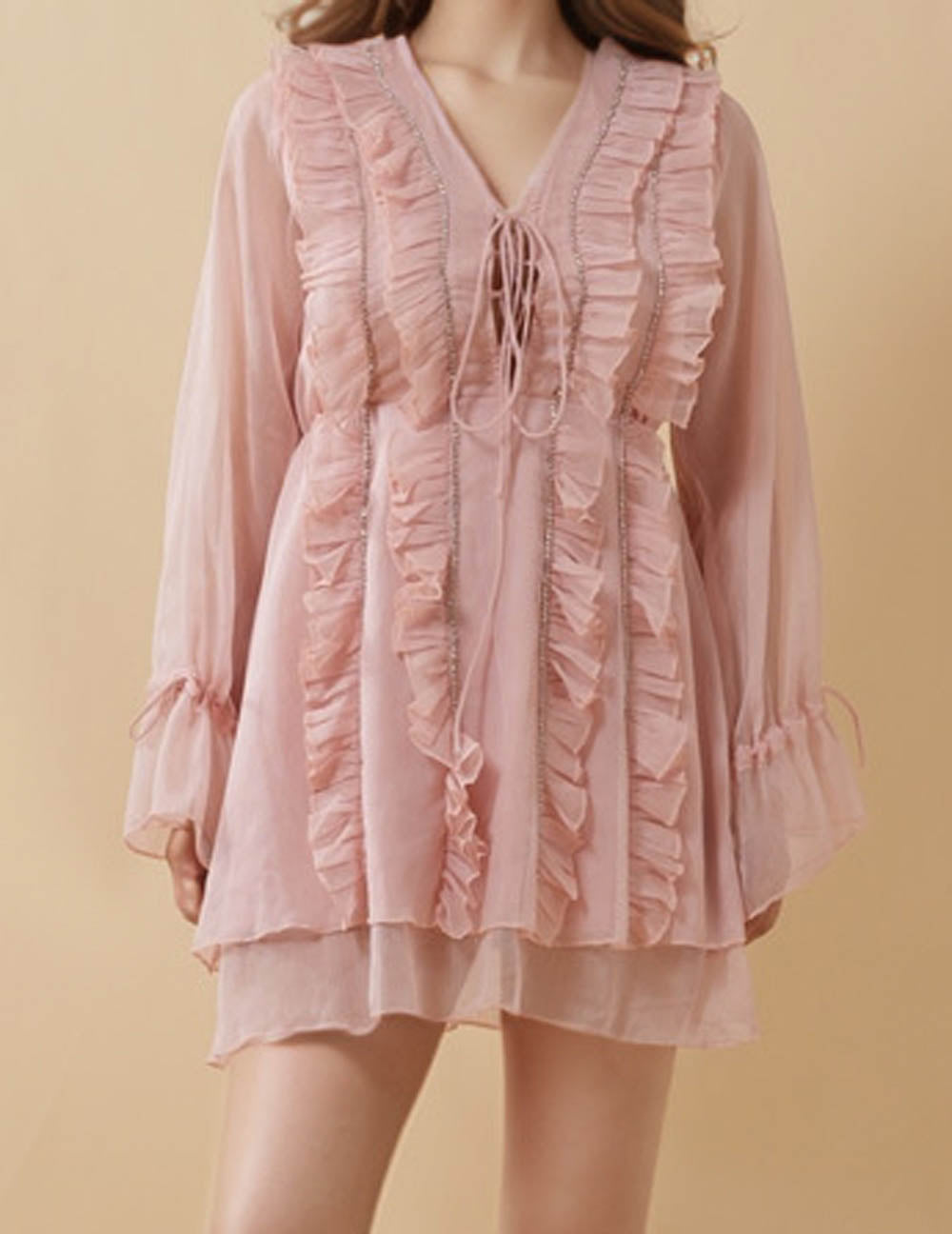 Ladies V-Neck Sheer Rhinestone Chain Ruffle Mini Dress