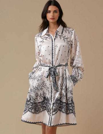 Ladies Floral Print Turndown Collar Belt Midi Dress