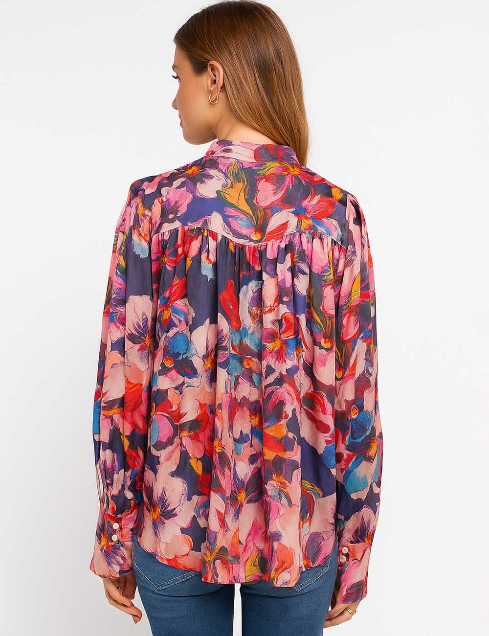 Ladies Floral Print Long Sleeves Button Down Blouse