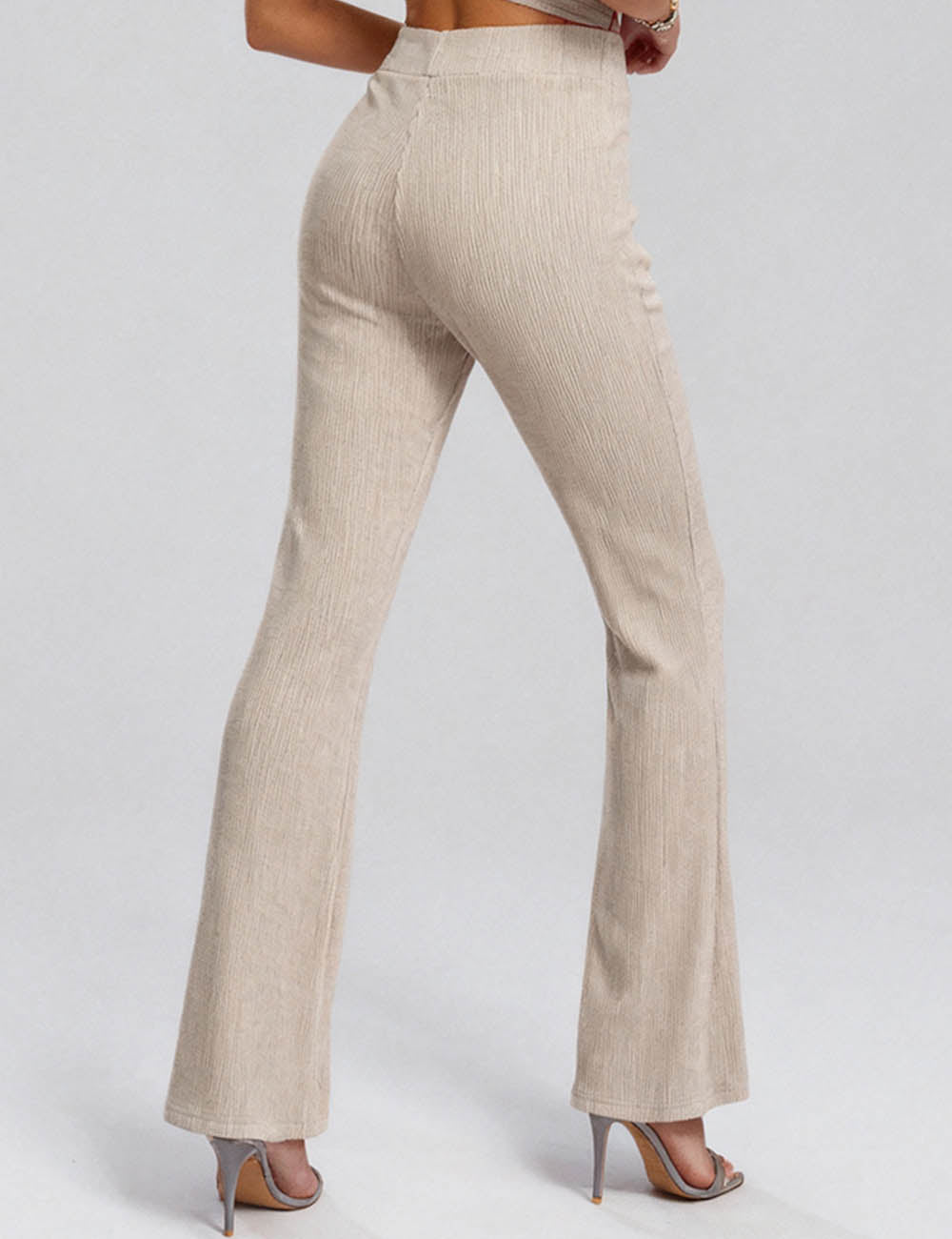 Ladies Ribbed Knit Elastic Waist Flared Leg Pants
