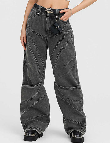 Ladies Button Pocket Baggy Wide Leg Denim Pants