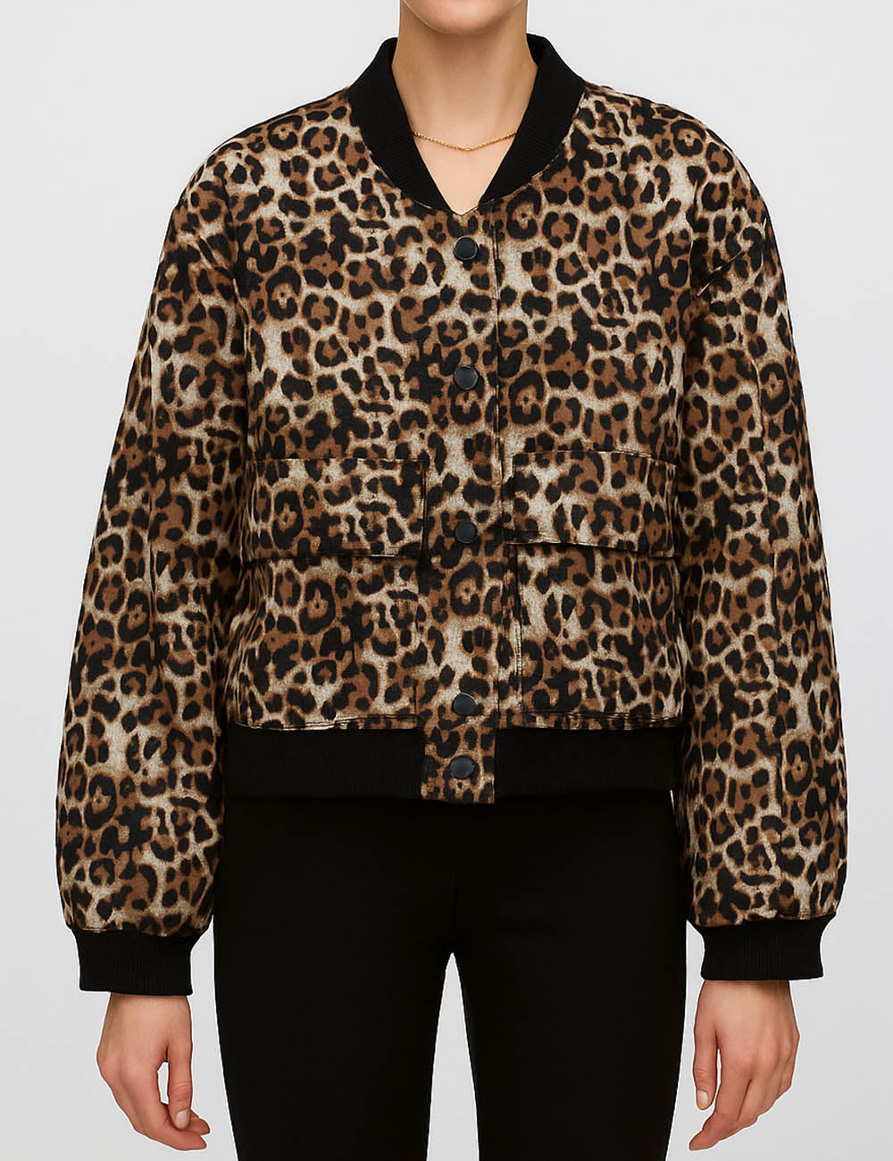 Ladies Leopard Print Stand Collar Long Sleeves Bomber Jacket