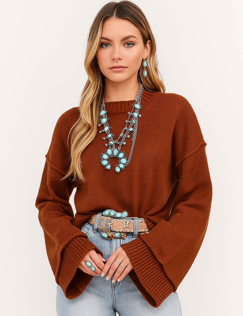 Ladies Solid Color Round Neck Long Sleeves Sweater