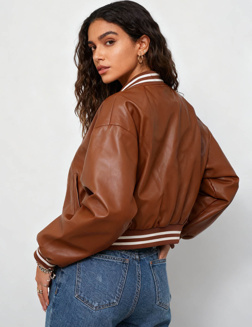 Ladies PU Leather Striped Collar Button Front Bomber Jacket