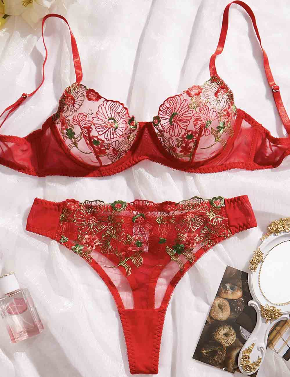 Ladies Floral Embroidery See Through 2PCS Lingerie Set 8HF4361