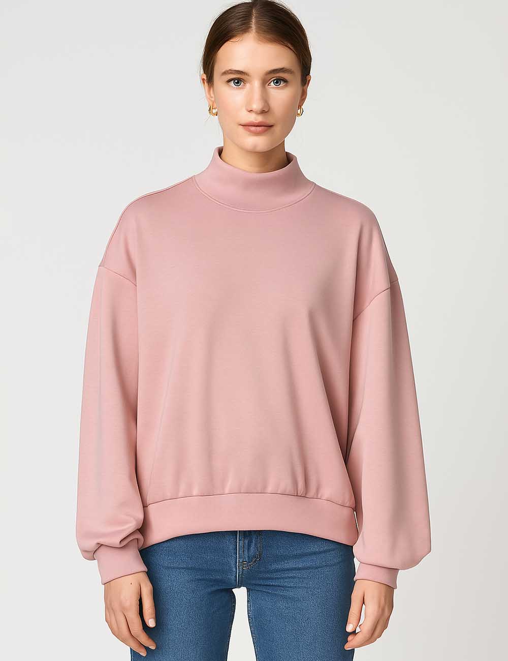 Ladies Solid Color Mock Neck Long Sleeves Sweatshirt