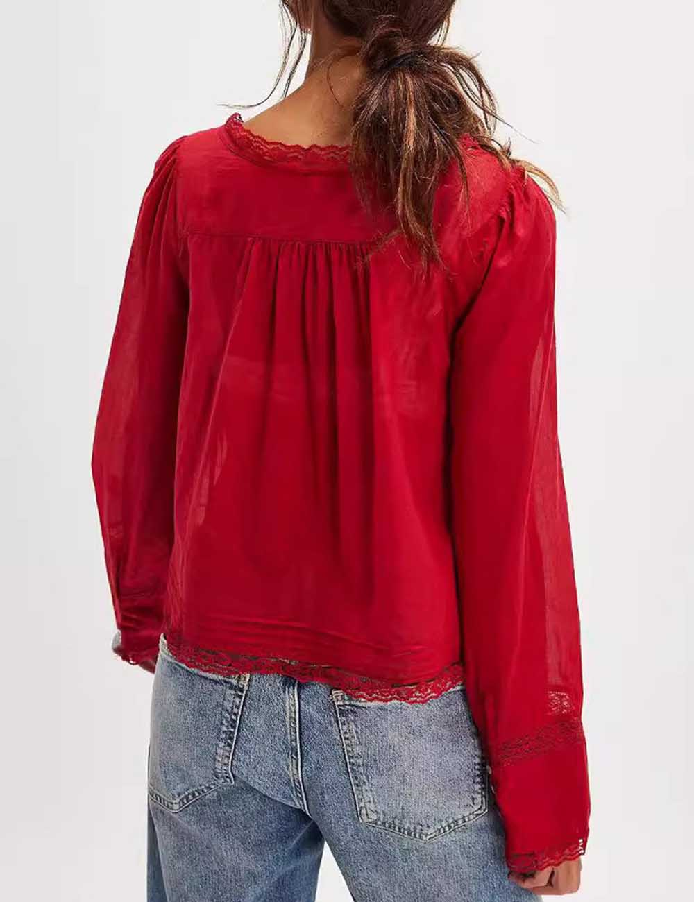 Ladies U-Neck Lace Splice Hollow Out Blouse Top