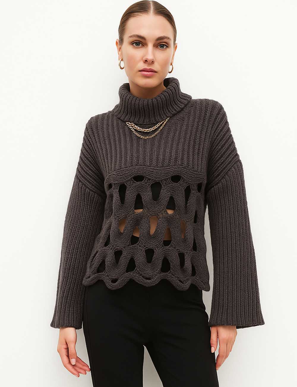 Ladies Turtle Neck Hollow Out Ribbed Knit Sweater Top