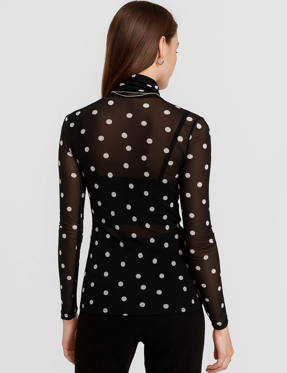 Ladies Sheer Mesh Polka Dot Mock Collar Layering Top