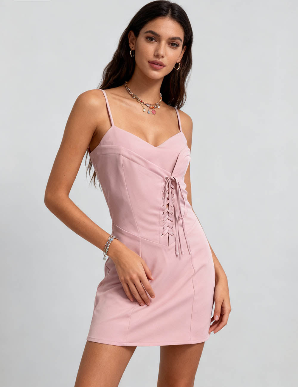 Ladies Lace-Up Front Smocked Back Cami Mini Dress