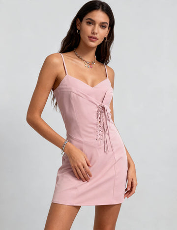 Ladies Lace-Up Front Smocked Back Cami Mini Dress