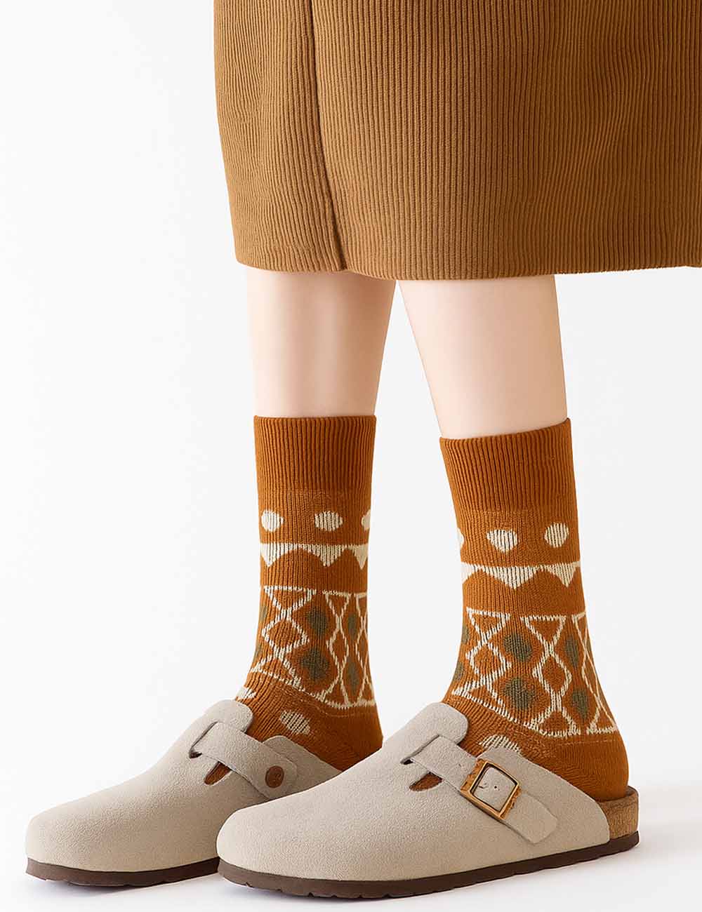 Ladies Vintage Geometric Pattern Knit Midi Calf Socks