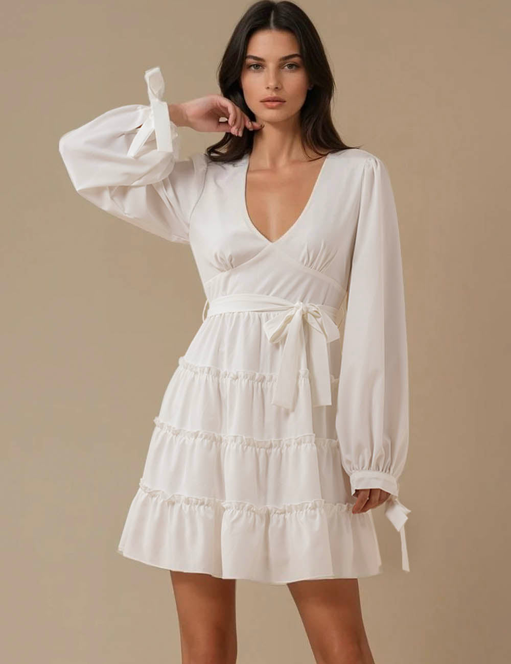 Ladies Ruffle Waist Tie White Mini Dress SKD5CF96