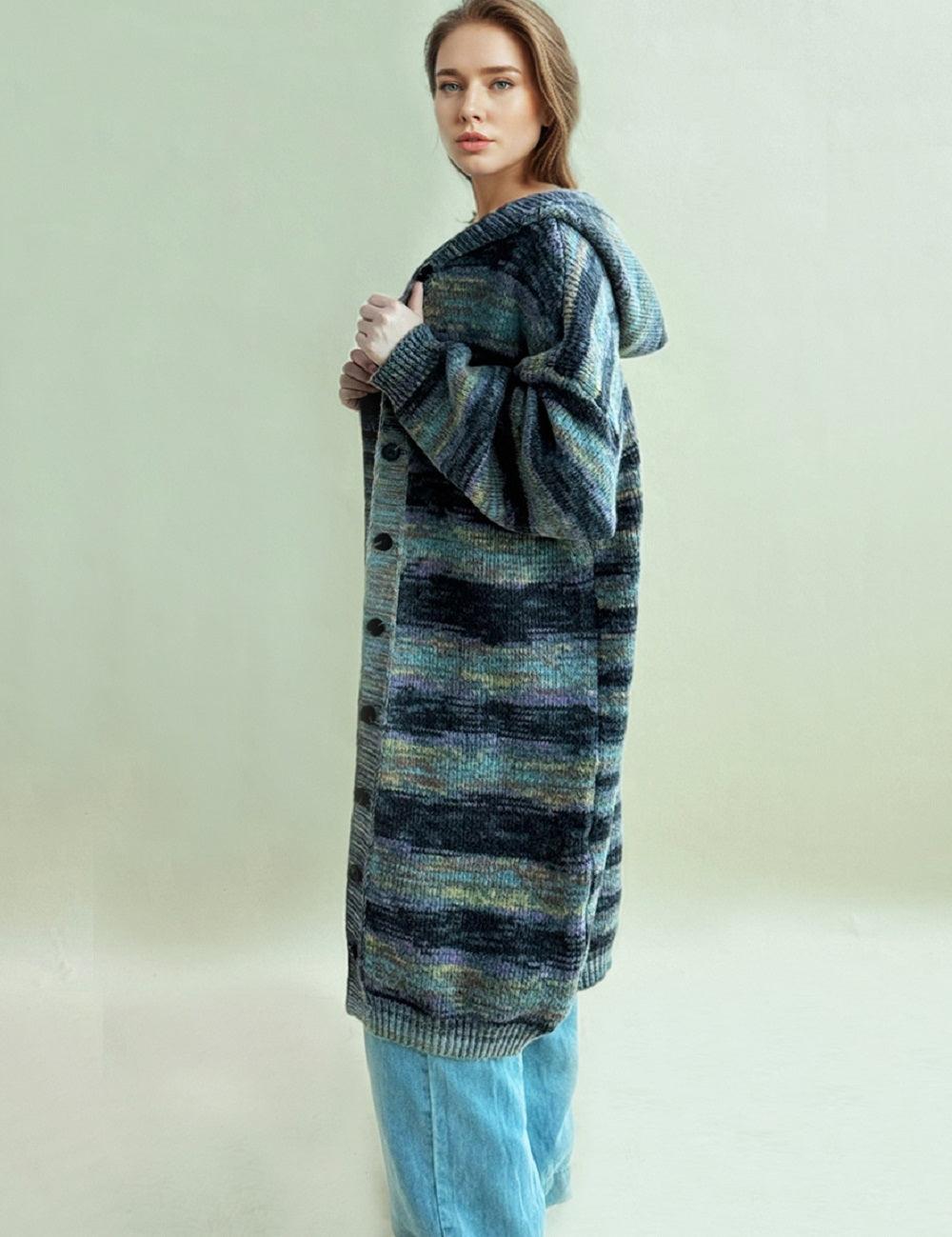Ladies Striped Hood Button Down Cardigan SKT4687