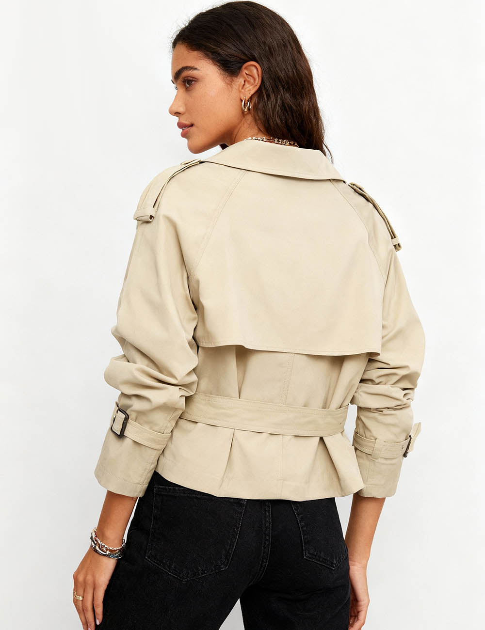Ladies Double-Breasted Belted Cropped Trench Jacket