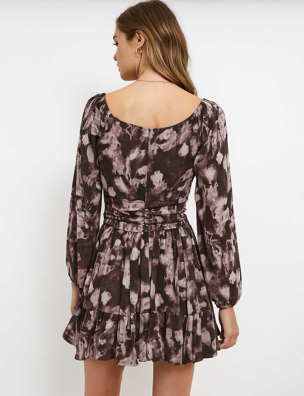 Women Chic V-Neck Print Waist Wrinkle Mini Dress
