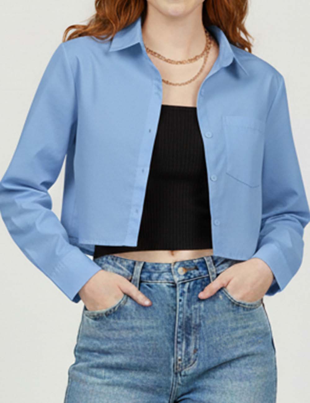 Ladies Turn Down Collar Long Sleeves Cropped Shirt