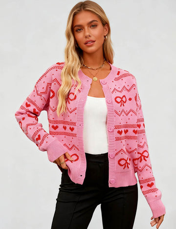 Ladies Valentine's Round Neck Button Heart Sweater Cardigan