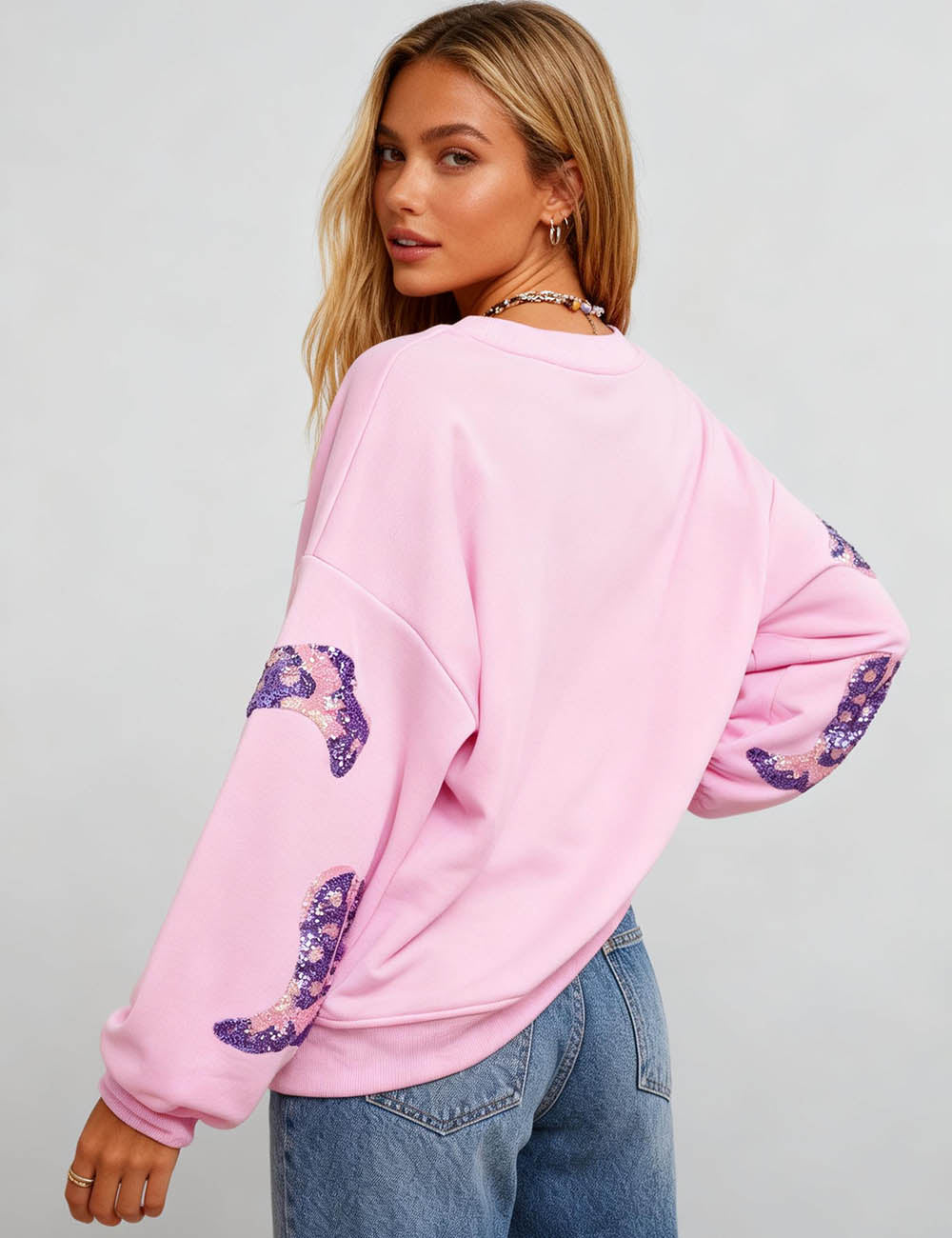 Ladies Valentine's Sequin Round Neck Long Sleeves Sweatshirt