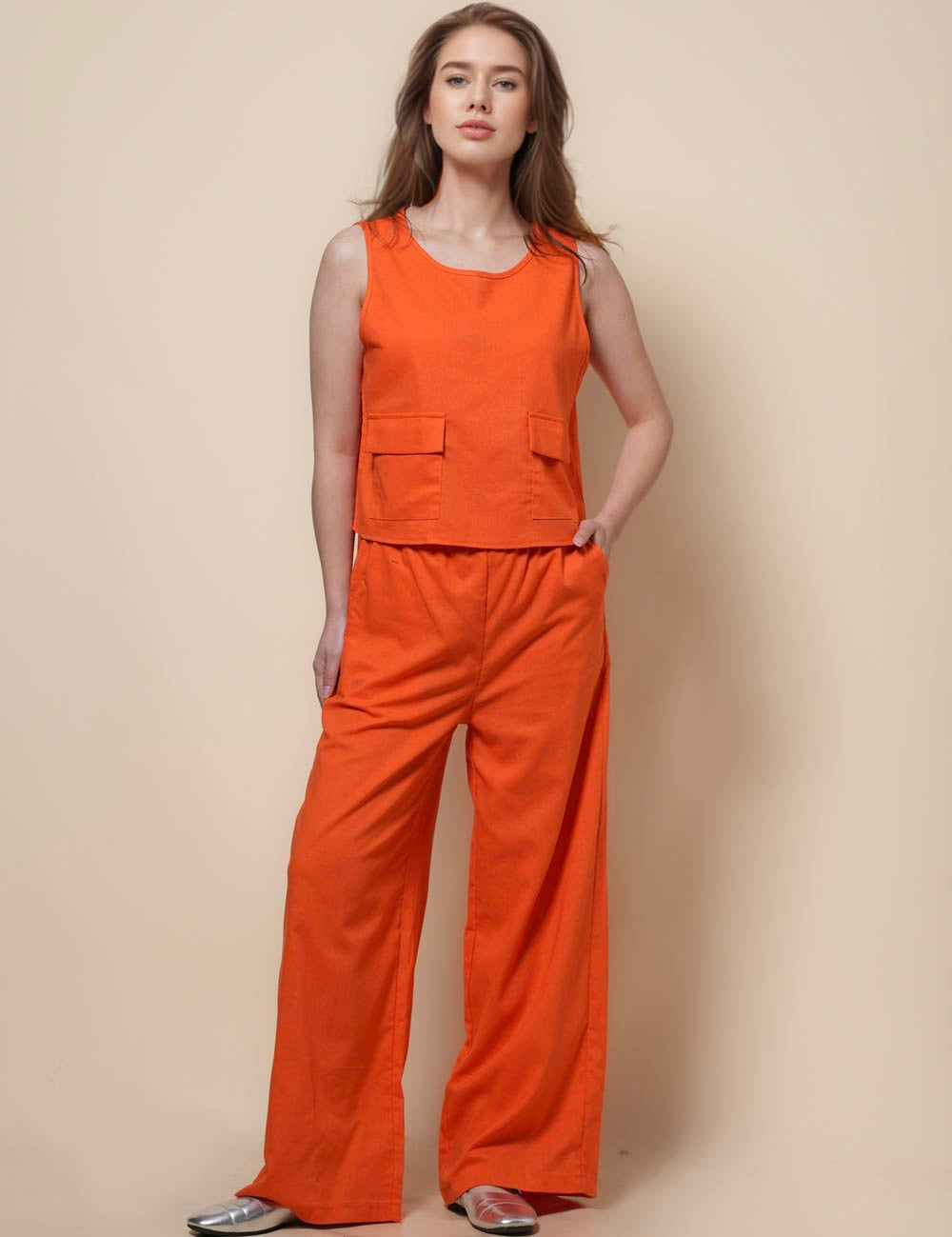 Ladies Sleeveless Top with Pants 2PCS Set SKST41282
