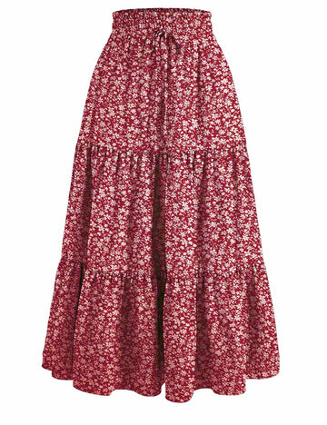 Ladies Boho Elastic Waist Ruched Drawstring Skirt
