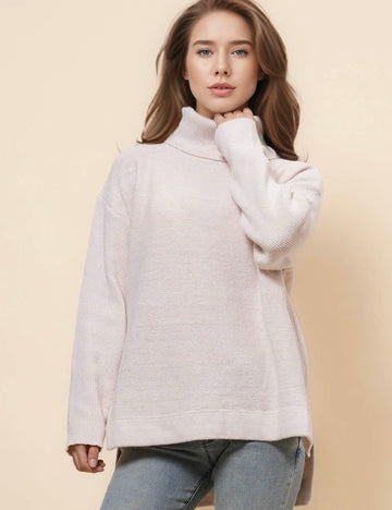 Ladies High Neck Solid Color Pullover Sweater SKT41095