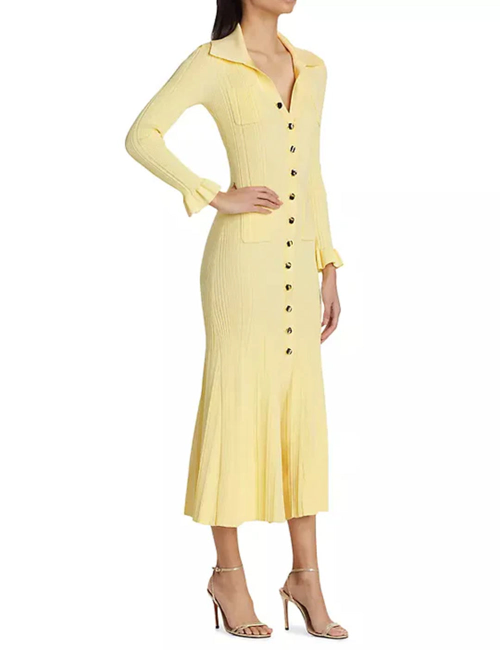 Ladies Solid Color Button Down Long Sleeves Knit Maxi Dress