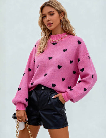 Ladies Valentine‘s Heart Mock Neck Lantern Sleeves Sweater