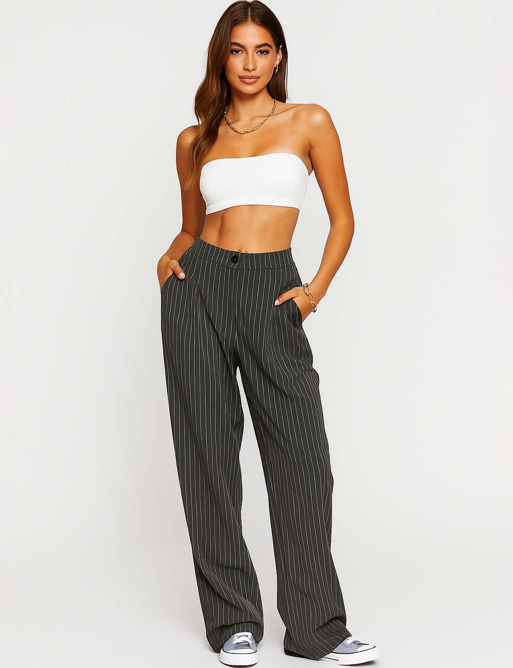 Ladies Color Block Striped Button Closure Straight Leg Pants
