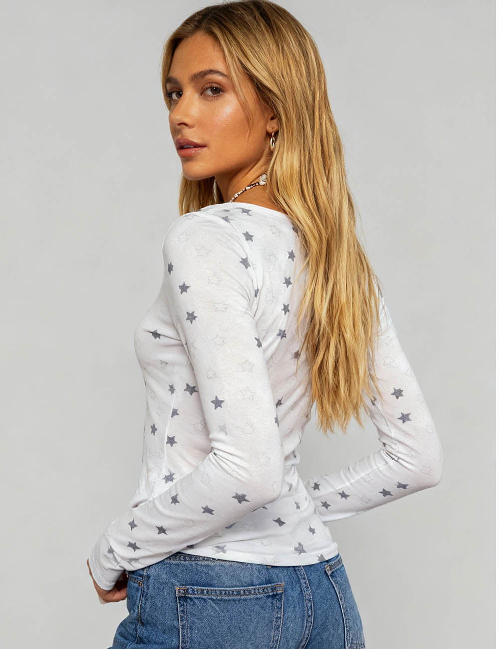 Ladies Star Print Round Neck Long Sleeves Layering Tee