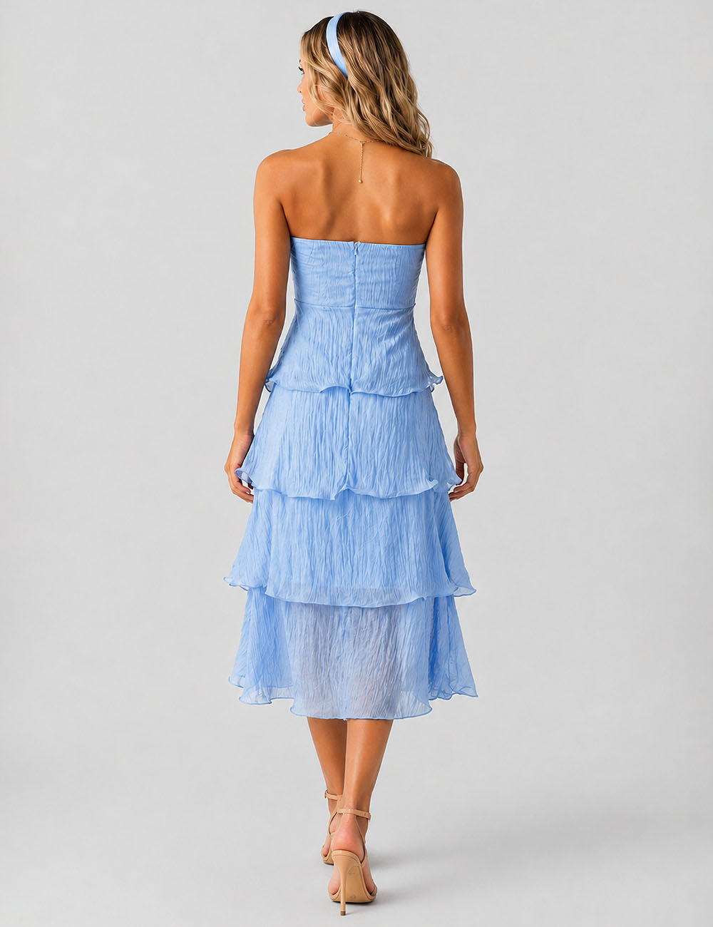 Ladies Chic Crinkle Strapless Tiered Ruffle Tube Midi Dress
