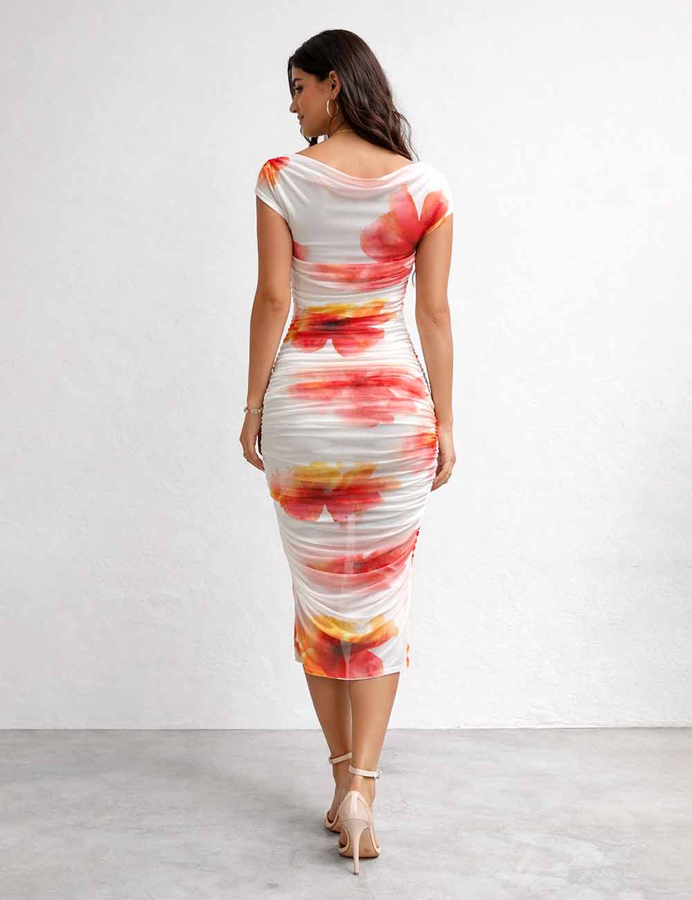 Ladies Chic Tie-Dye Off-Shoulder Ruched Bodycon Midi Dress