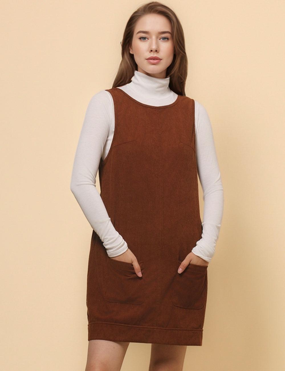 Ladies Daily Corduroy Rib Sleeveless Mini Dress SKD4794