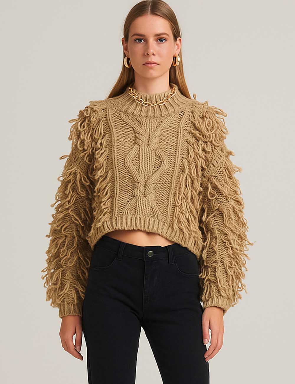 Ladies Chunky Cable Pullover Fringe Puff Sleeves Cropped Sweater